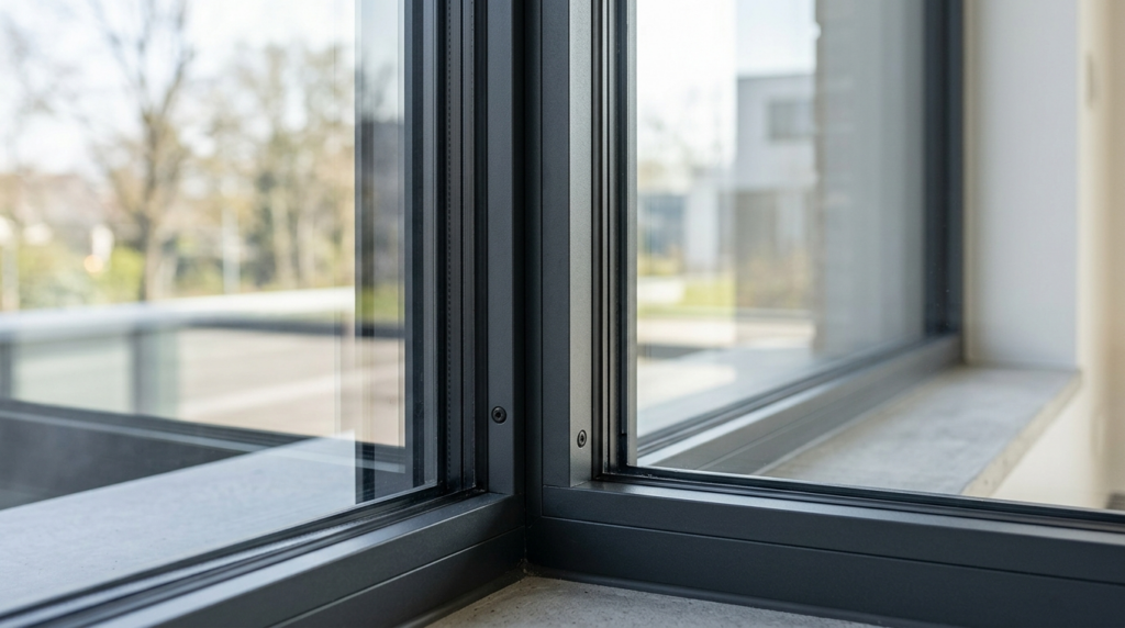 Close-up detail shot of premium fixed frame window corner jo