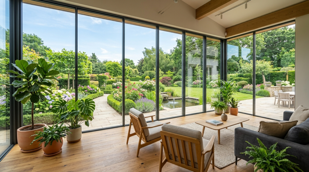 Luxurious enclosed sunroom with fixed glass windows overlook
